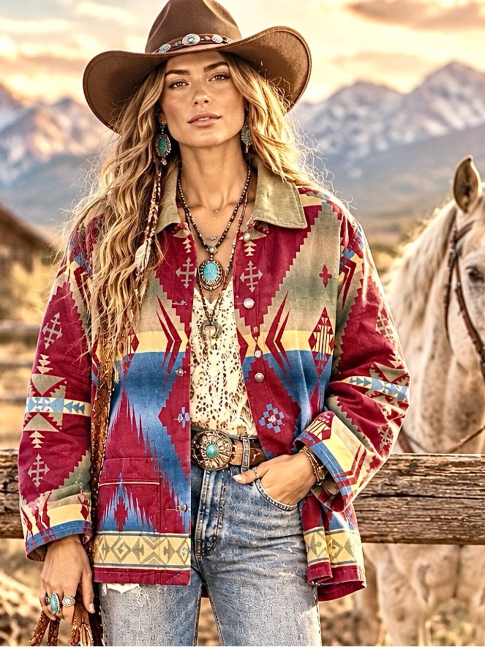 RARE Jones New York Rare Southwestern leather trim Jacket w farmhouse vibe